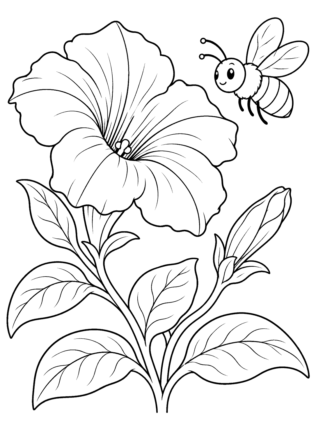 Large petunia bloom on a leafy stem with a small bee hovering beside it.