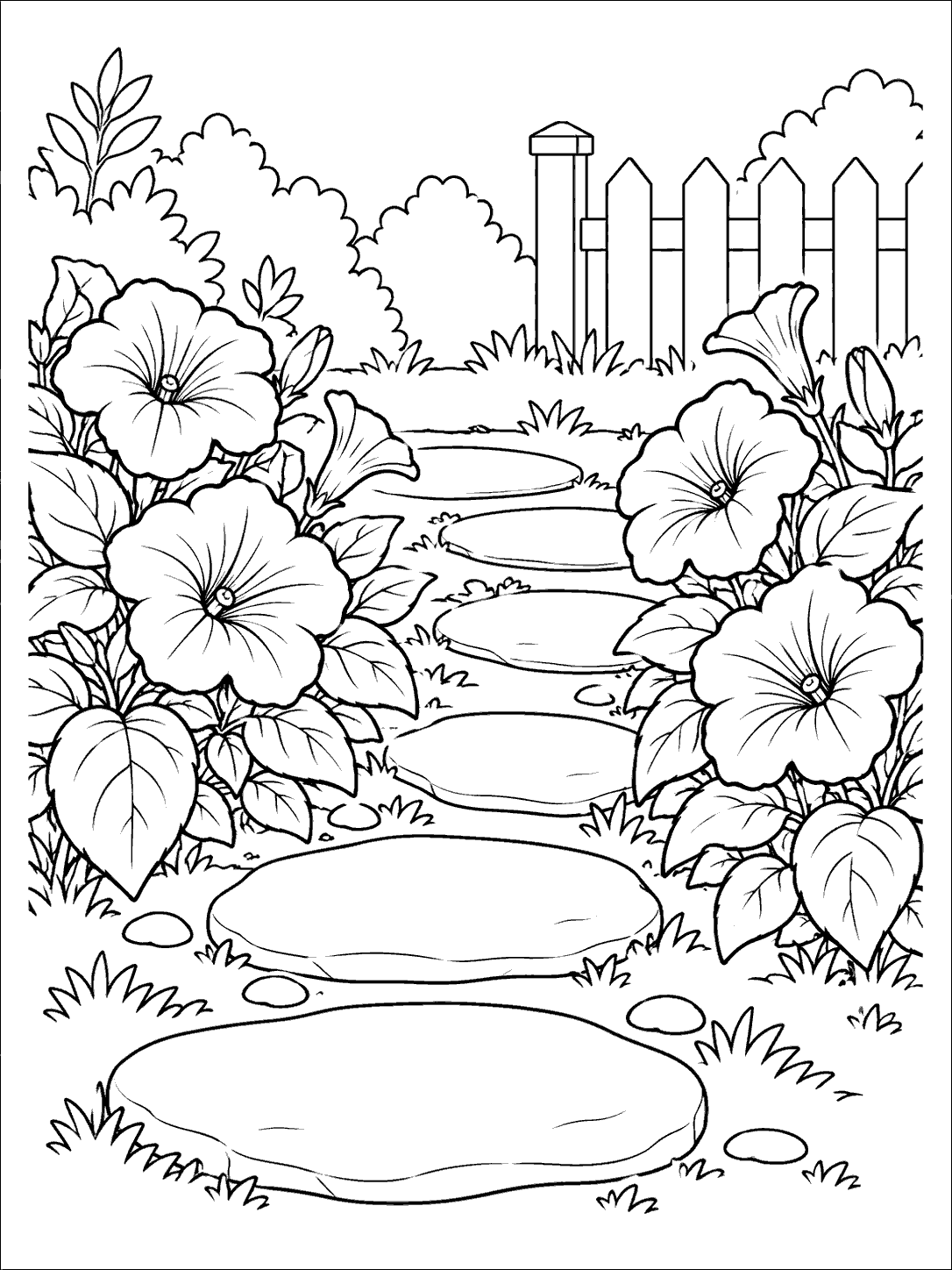 Curving stepping-stone path bordered by petunias