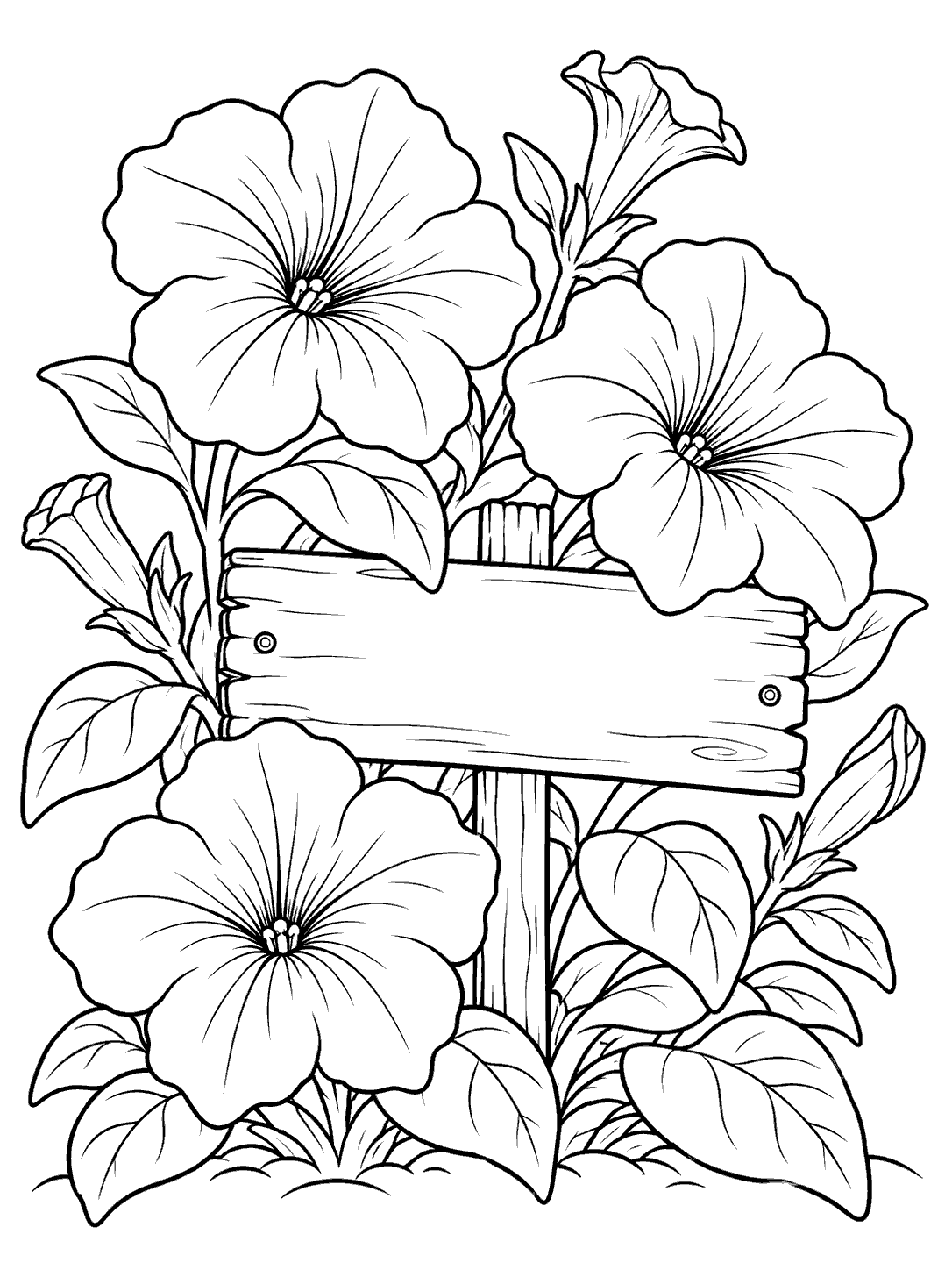 Black outline coloring page of petunias surrounding an empty wooden garden sign.