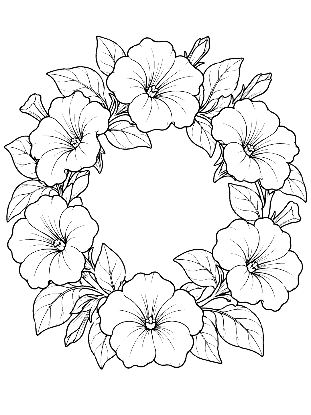 Black-and-white coloring page showing a circular wreath of seven petunia blooms and broad leaves with an open center.