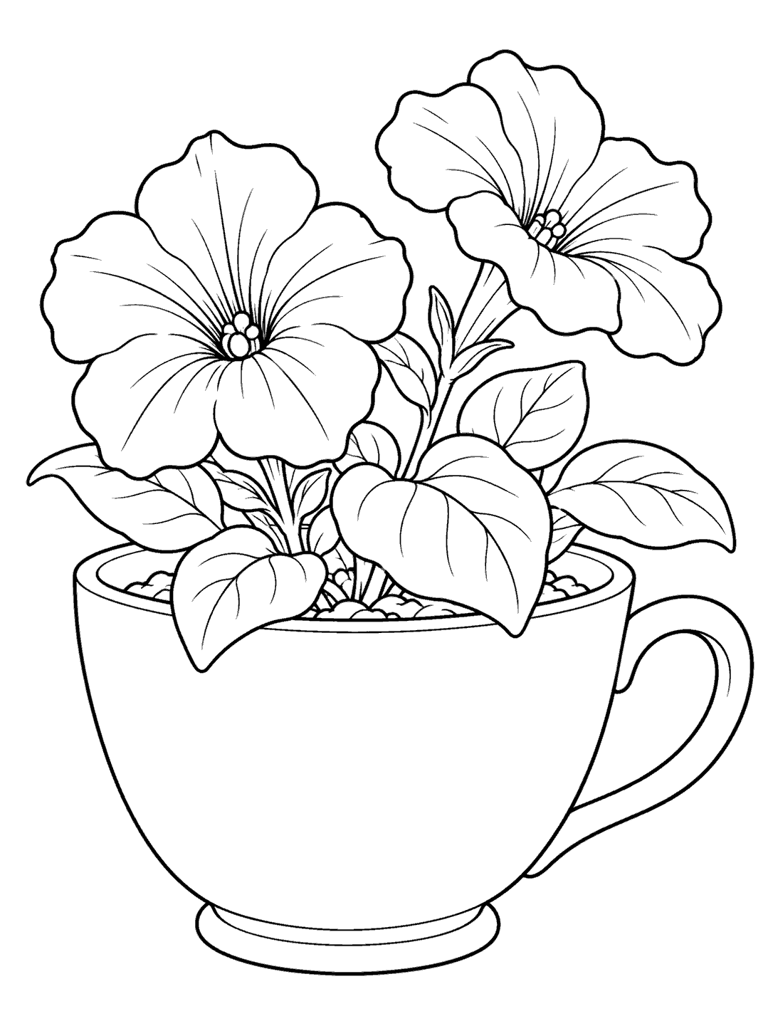 Two open petunia blooms and broad leaves growing in a large plain teacup planter.