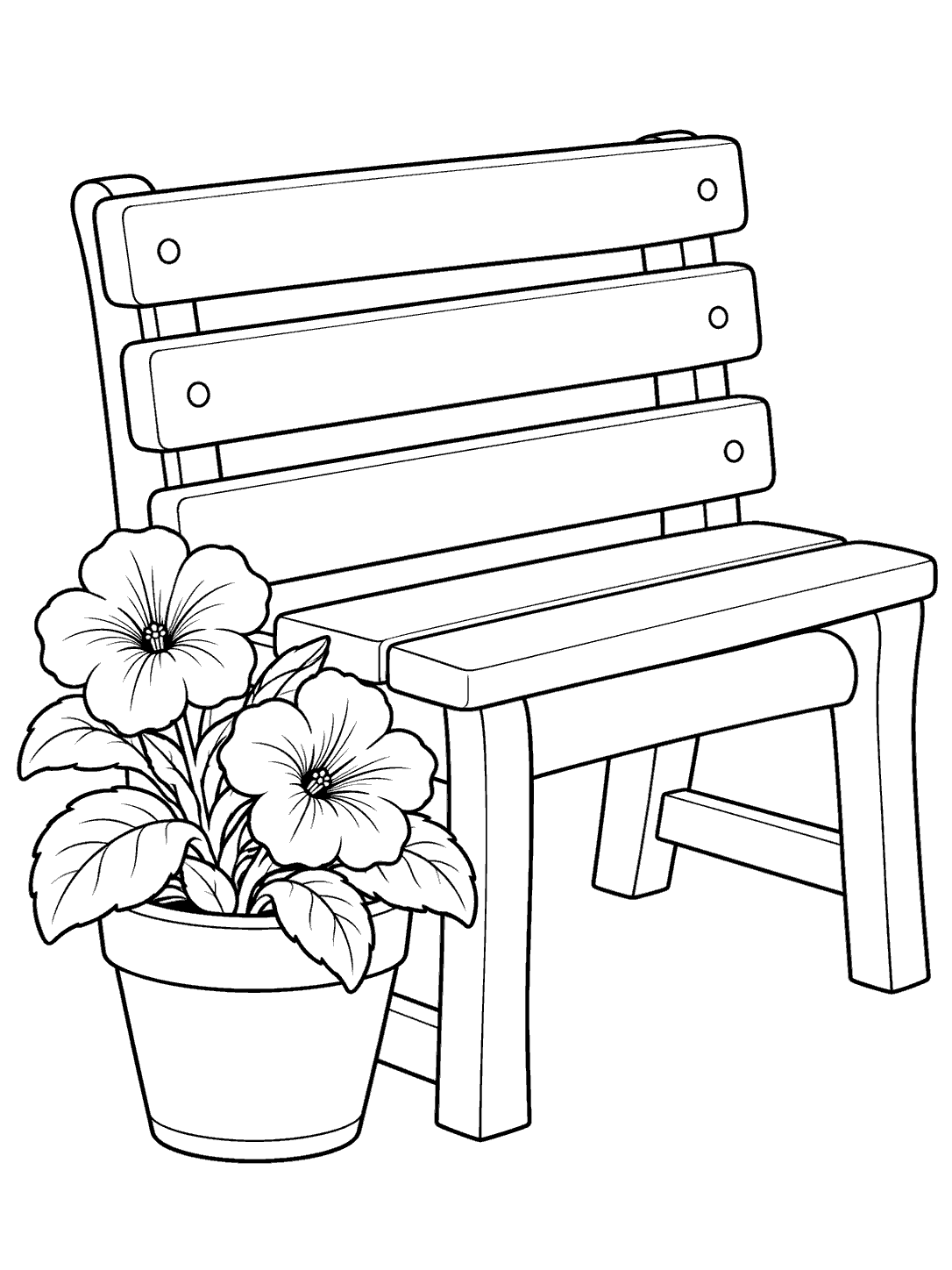 Two open petunia blooms in a leafy pot beside a slatted garden bench