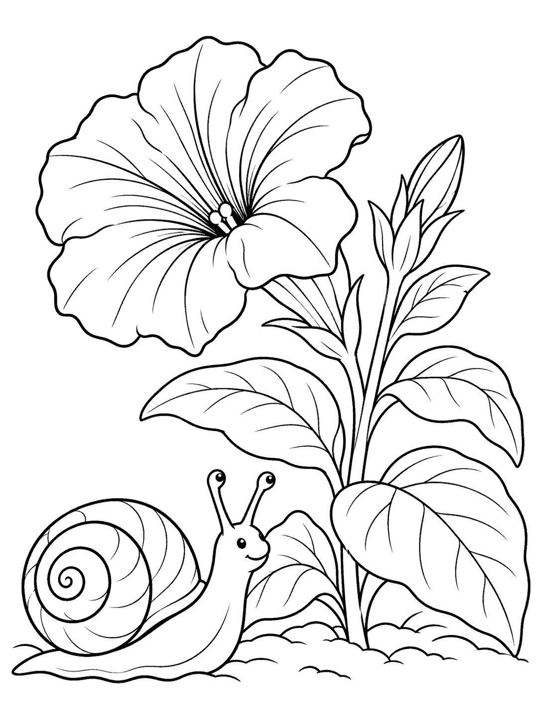 Black-and-white coloring page showing a smiling spiral-shelled snail beside a large petunia bloom, broad leaves, and a simple garden floor.