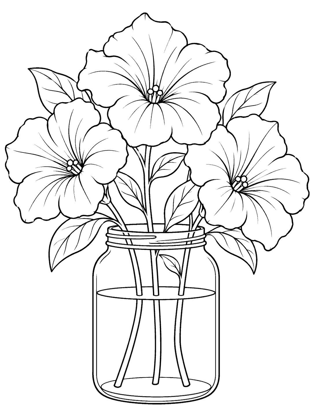 Three petunia stems with broad open blooms arranged in a plain glass jar with a visible waterline.