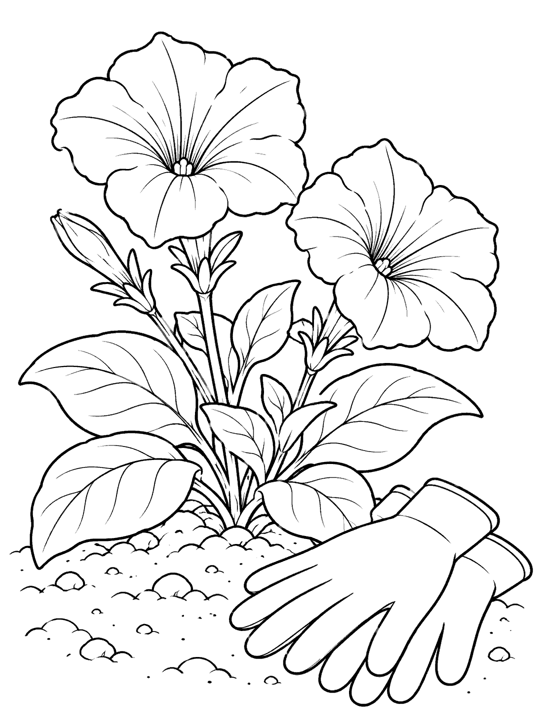 Black-and-white coloring page of a young petunia with two open blooms and broad leaves in soil, beside a pair of plain gardening gloves.