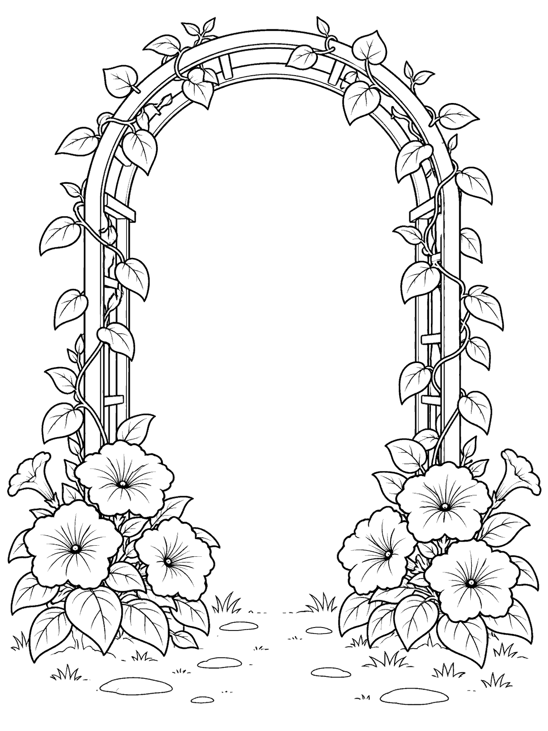 Black-and-white coloring page showing a rounded garden arch framed by leafy vines, petunia clusters, and sparse stepping stones.