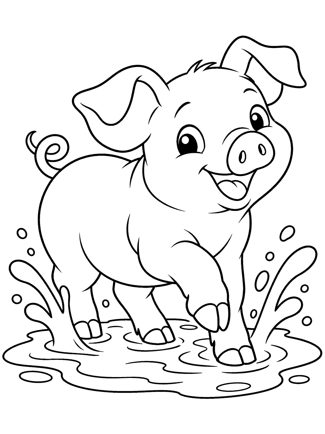 Smiling piglet stepping into an oval mud puddle with splash arcs and droplets in a black-outline coloring page.