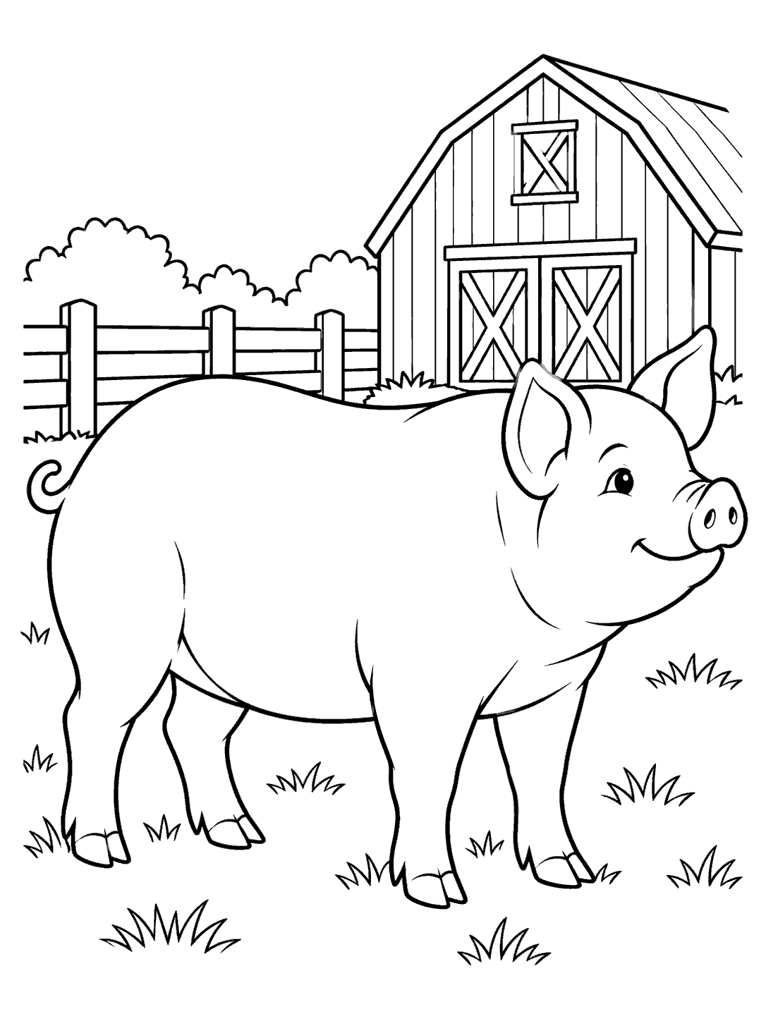 Black-and-white coloring page of a large smiling pig in front of a barn, with a short fence and grass tufts.