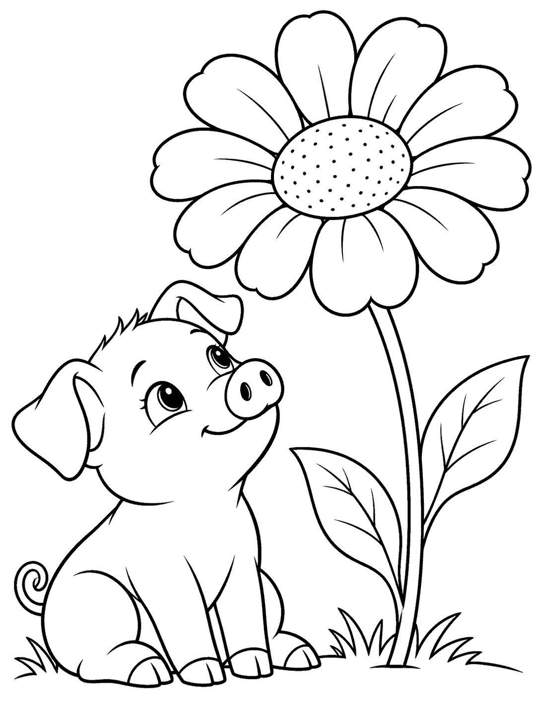 A seated piglet gazes up at a large daisy with two leaves and grass along the ground, in a black-and-white coloring page.
