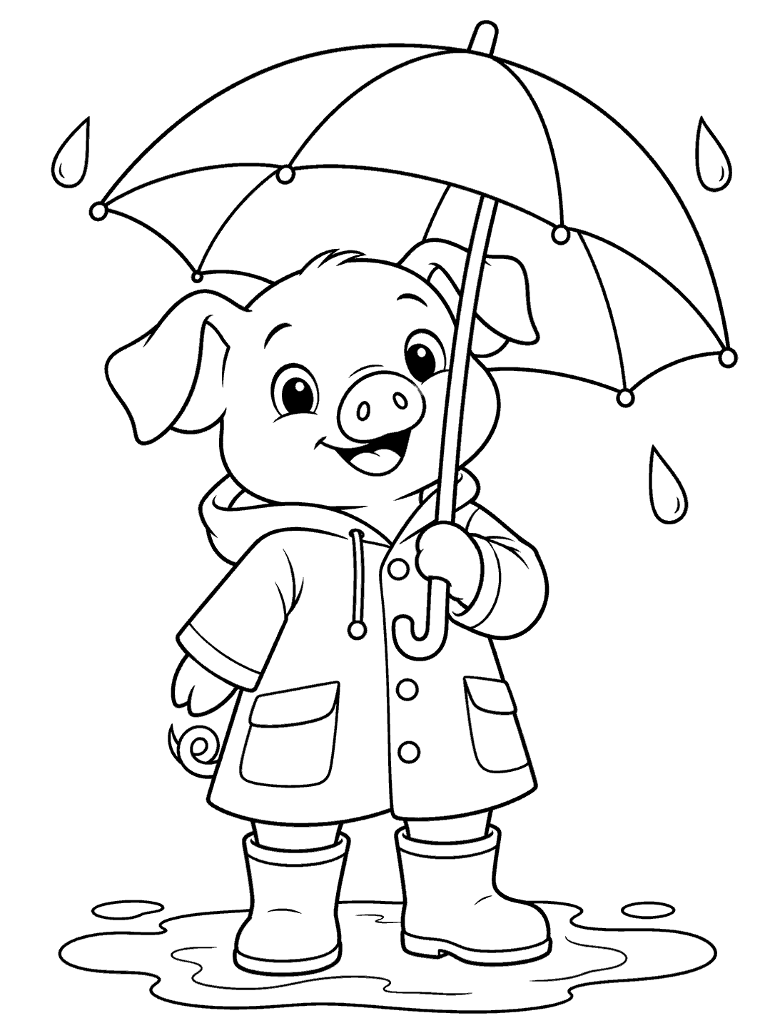 Cheerful pig in a hooded raincoat and boots holding an umbrella, with raindrops and a puddle.