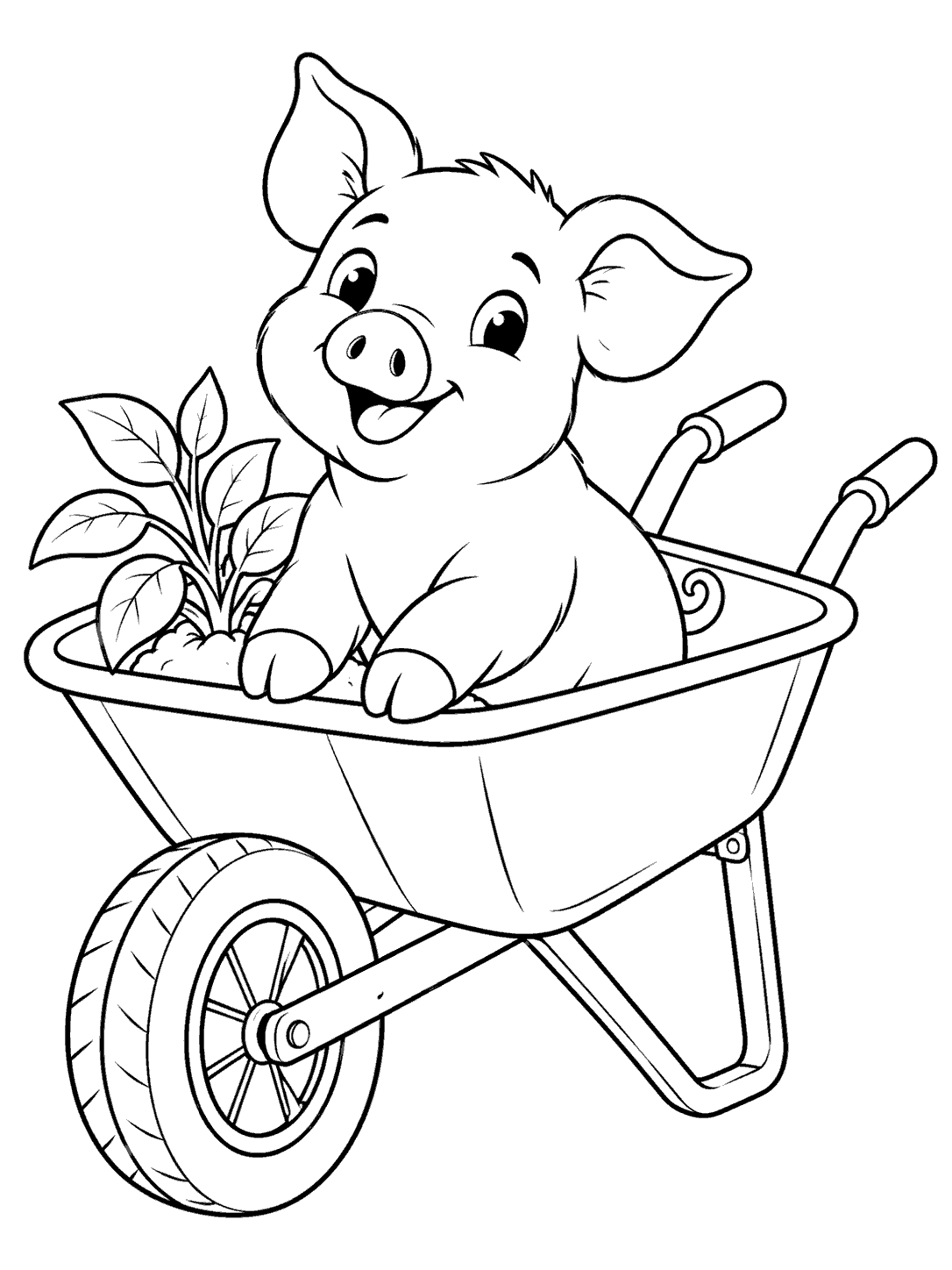 Smiling piglet sitting beside a small leafy plant in a garden wheelbarrow coloring page