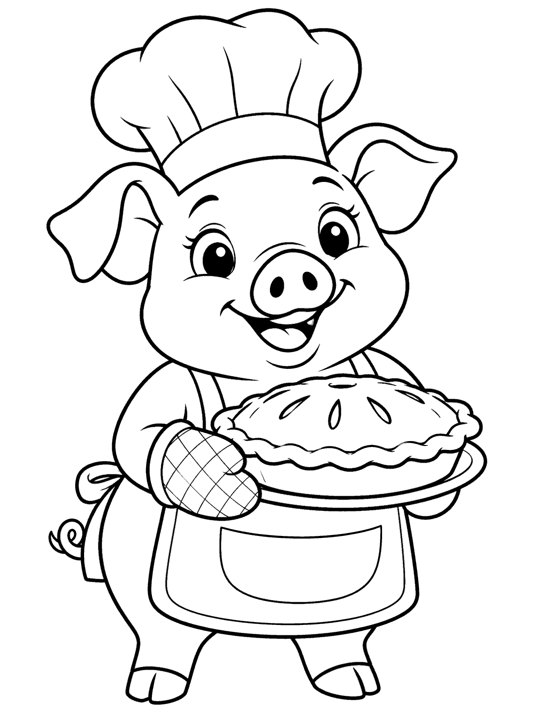 Pig chef in a tall hat and apron holding a pie coloring page