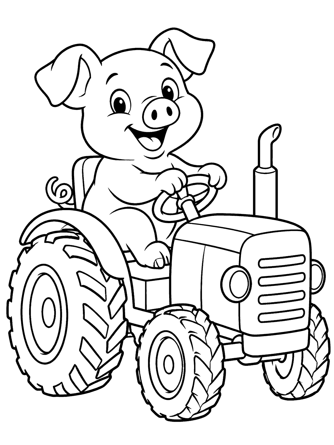 Smiling pig seated at the wheel of a tractor coloring page