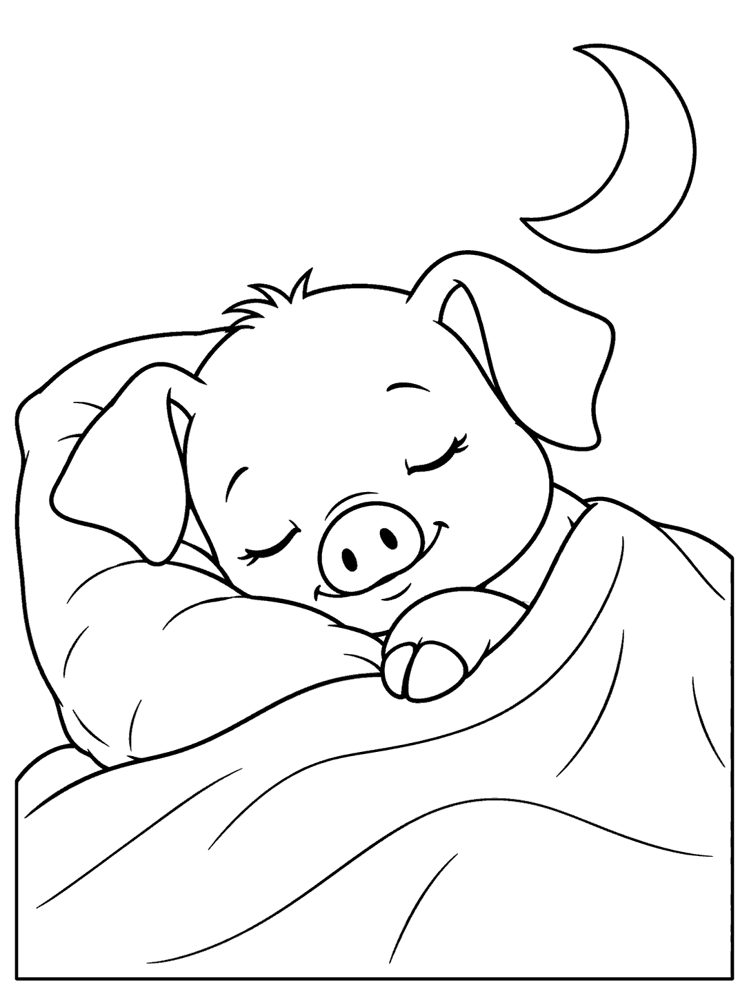 Black-and-white coloring page of a sleeping piglet with one front hoof showing above a blanket, a pillow, and a crescent moon.