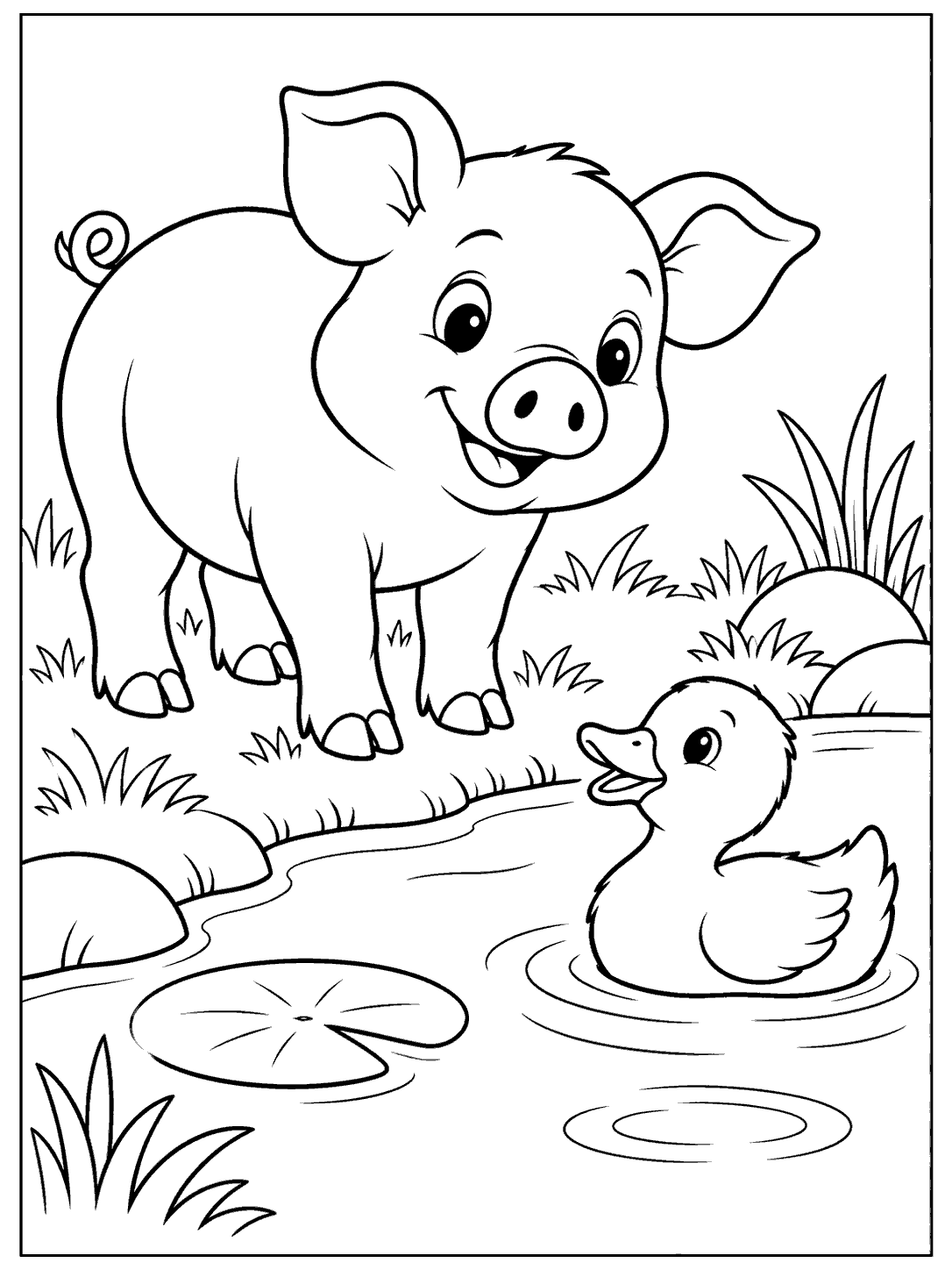 Pig standing beside a pond with a duckling, lily pad, and ripples in a printable coloring page