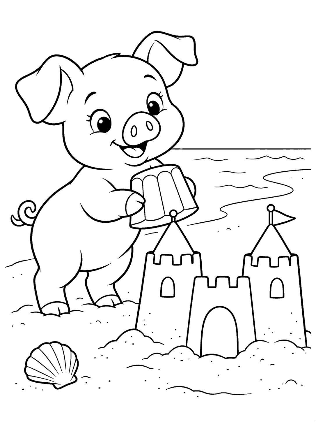 Black-and-white piglet sandcastle coloring page with a seashell and shoreline