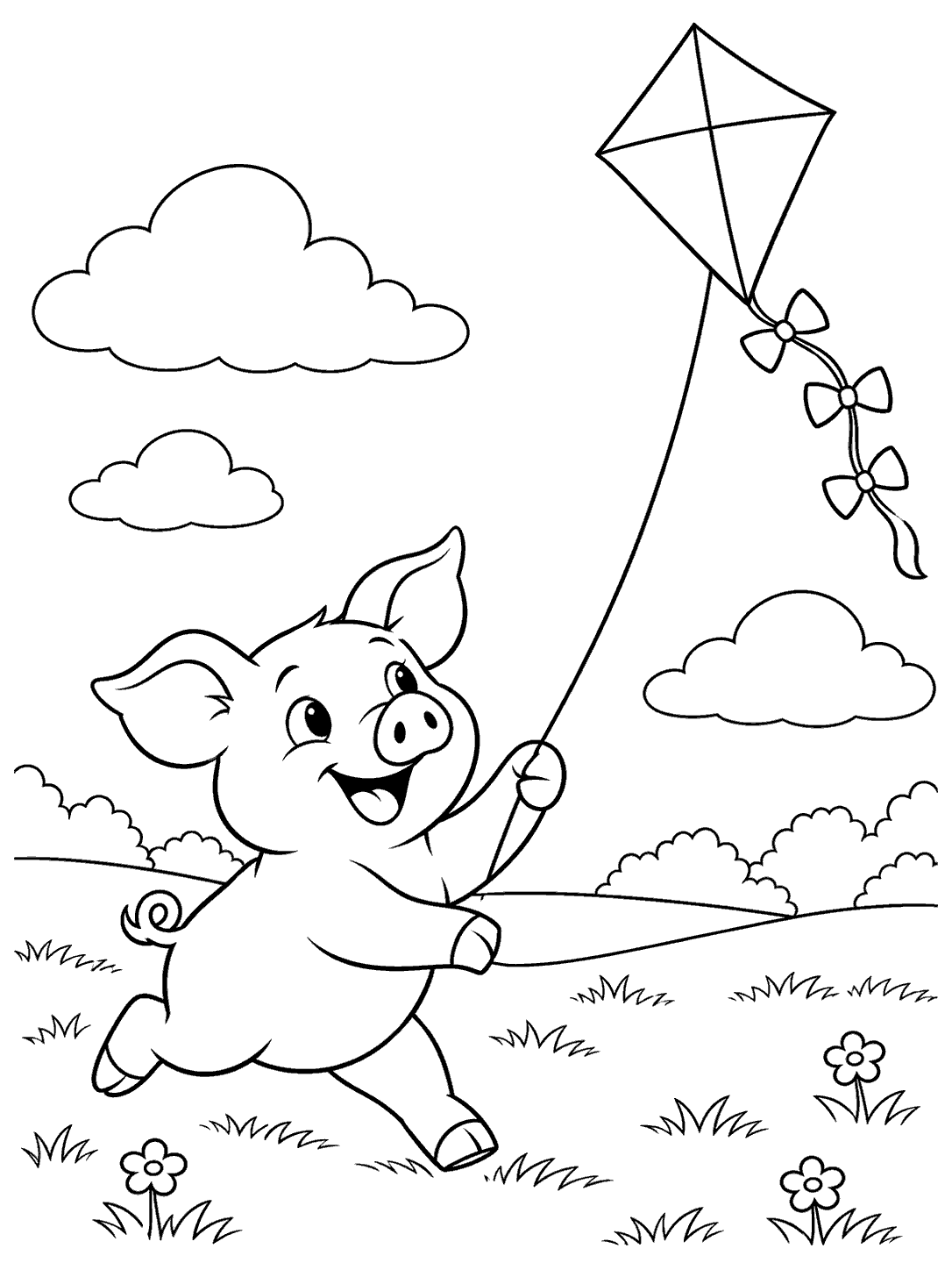 A lively pig runs through a flower-dotted field with a diamond kite overhead.