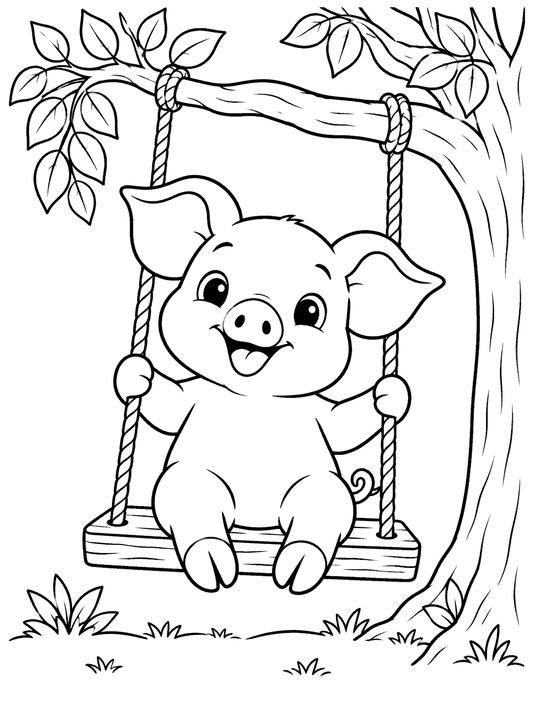 Black-and-white coloring page showing a piglet holding the ropes of a wooden swing beneath a leafy tree branch, with grass along the ground.