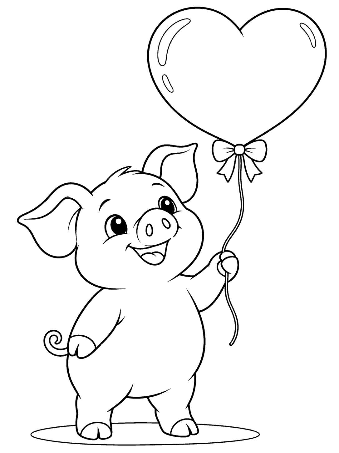 Standing pig holding a heart-shaped balloon coloring page