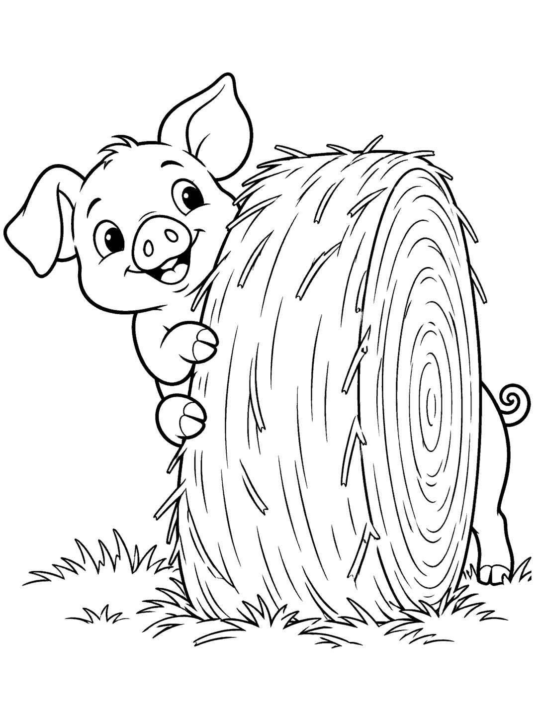 Piglet peeking around a large hay bale coloring page