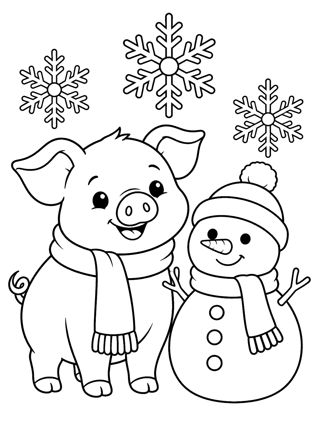Black-and-white coloring page of a scarf-wearing pig beside a snowman, with three large snowflakes overhead.