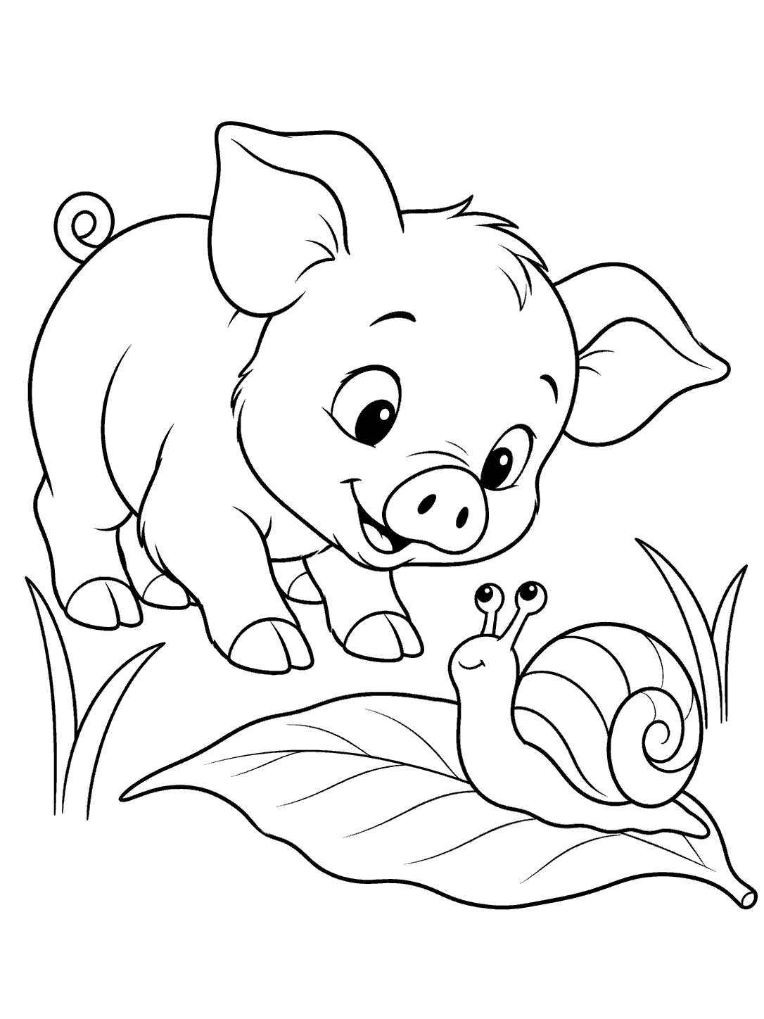 Piglet curiously looking at a banded snail on a leaf coloring page