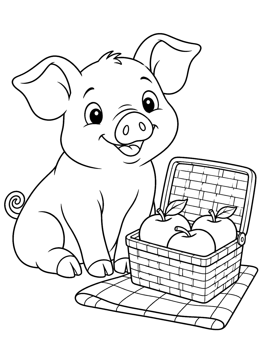 Seated pig beside an open picnic basket with three apples on a checked blanket, coloring page