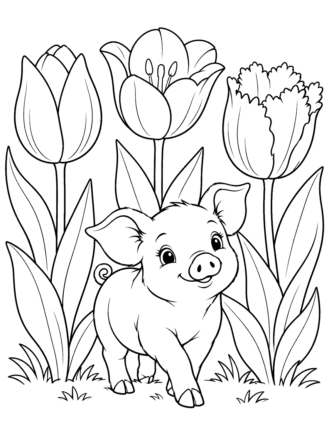 Piglet walking in front of three large tulips on a black-and-white coloring page