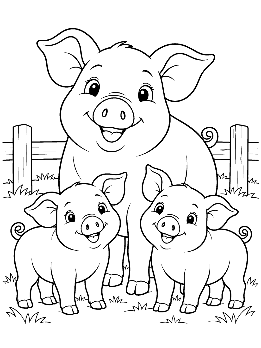 Black and white coloring page with one adult pig behind two piglets, all shown full-bodied with curly tails beside a low fence.