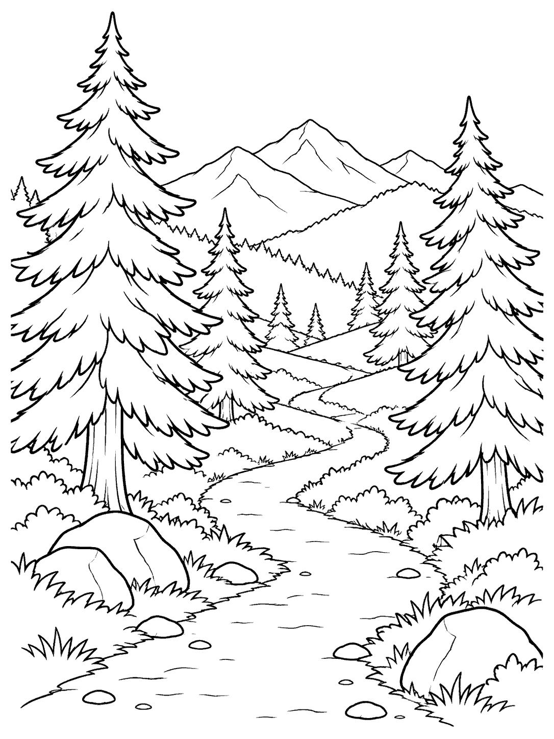 Printable coloring page showing a winding path between large foreground pine trees and smaller distant pines, with mountains in the background.