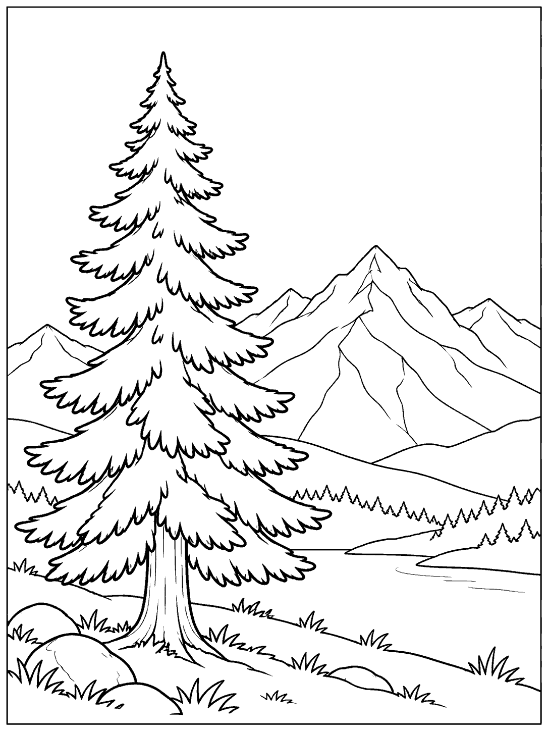Printable black-and-white coloring page featuring a large foreground pine tree, layered mountains, and a simple foothill landscape.