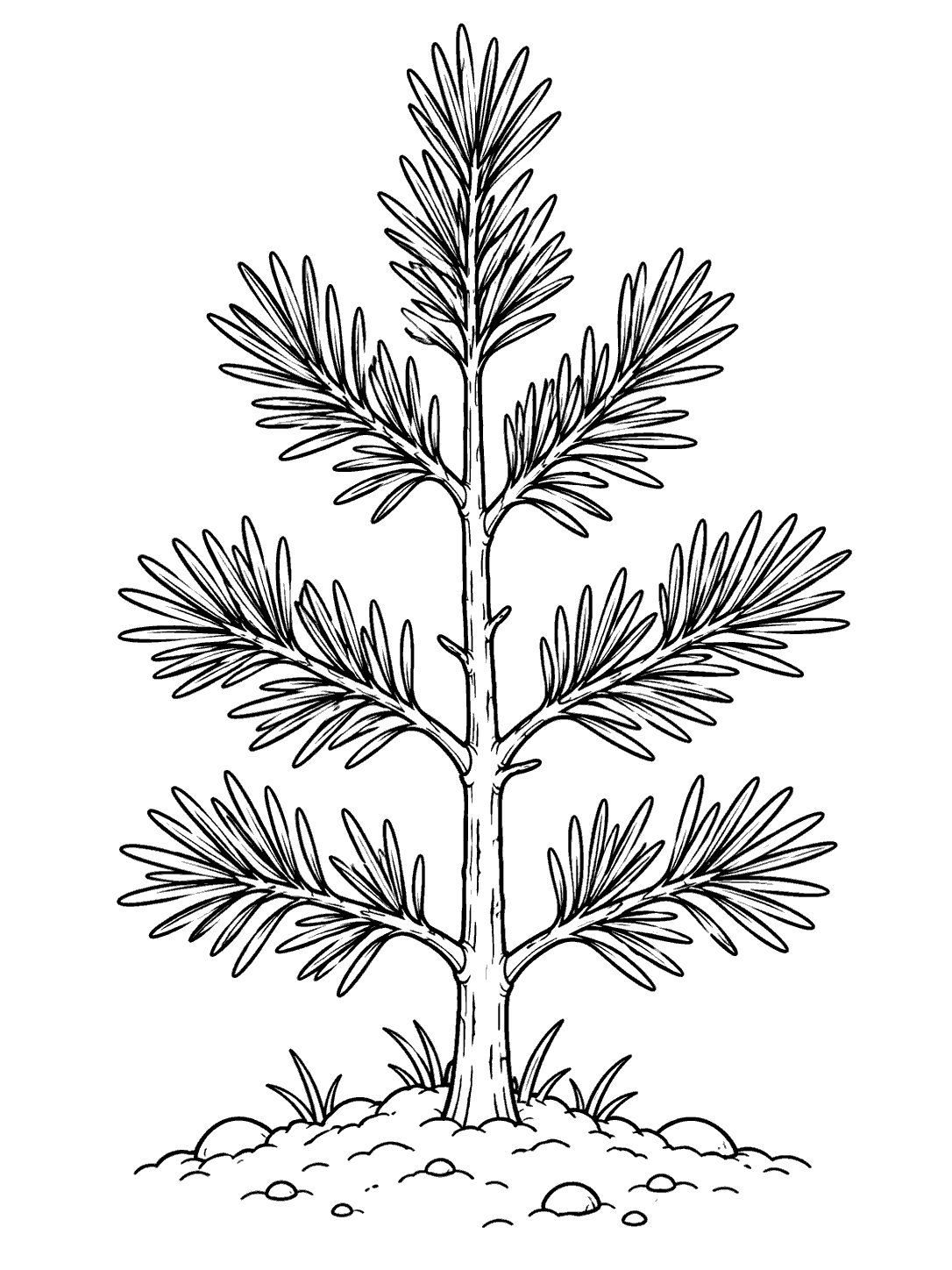 Printable coloring page showing a centered young pine sapling with tiered branches growing from a rocky soil mound.