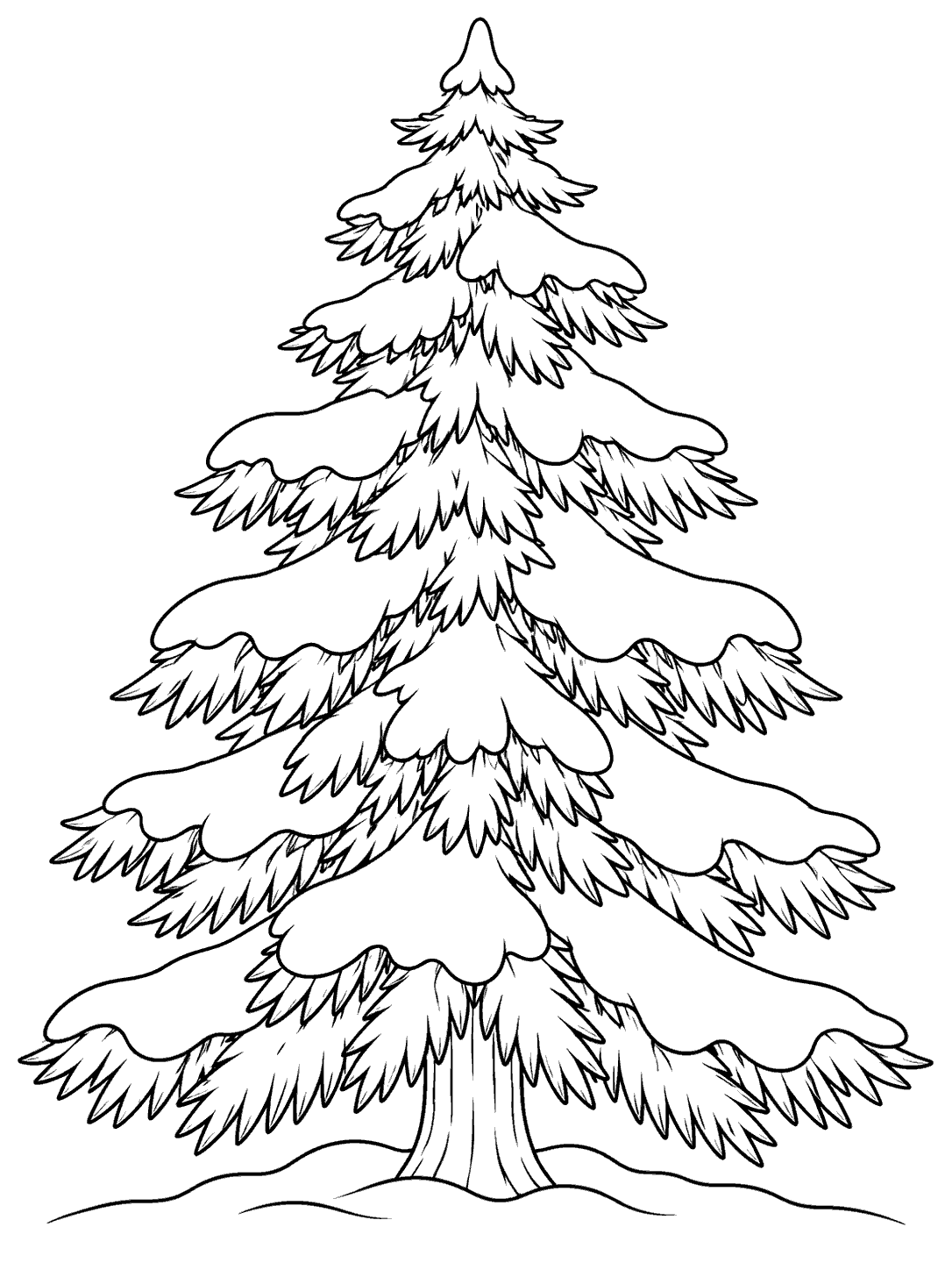 Printable coloring page featuring one full pine tree with curved snow caps on its branches and a small snowy ground line.