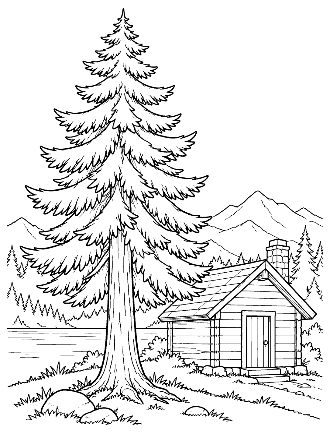 Printable black-and-white coloring page showing a tall pine beside a wooden cabin, with mountains and smaller trees in the background.