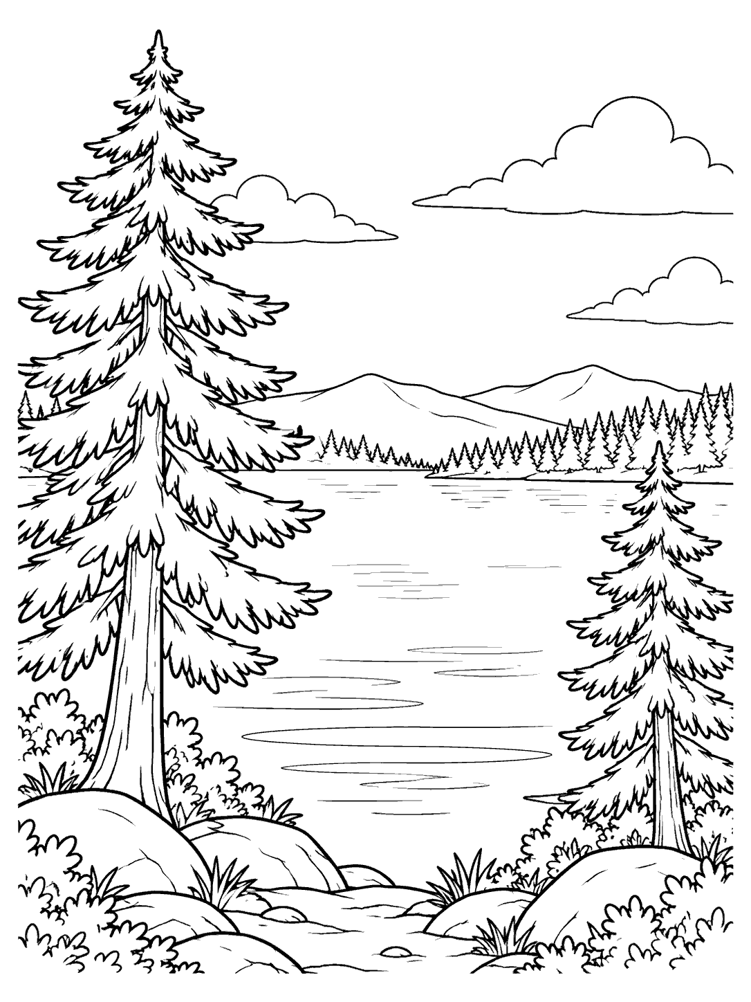 Printable coloring page of two pine trees framing a calm lake, with distant mountains, a forested shore, and broad ripples.