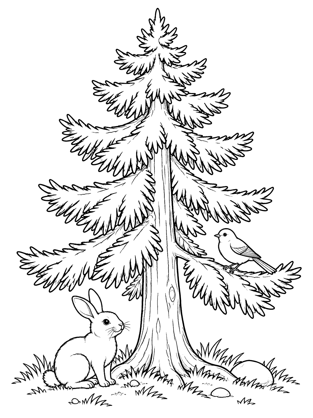 Black-and-white printable coloring page showing a pine tree, a rabbit by its trunk, and a songbird on a low branch.