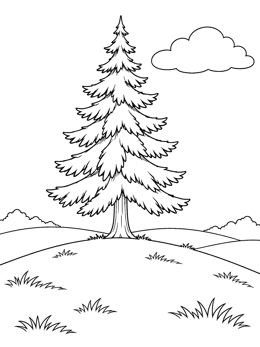 Printable coloring page showing a large pine tree on a rolling hill, with a cloud above and small grass tufts in the foreground.