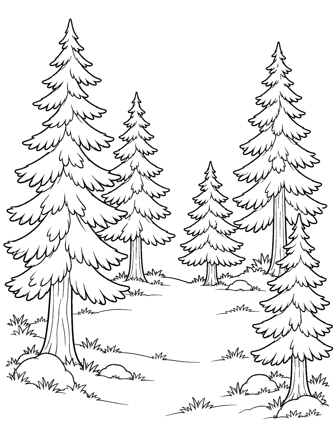 Printable black-and-white coloring page showing five pine trees of varied heights around an open clearing with rocks and tufts of grass.