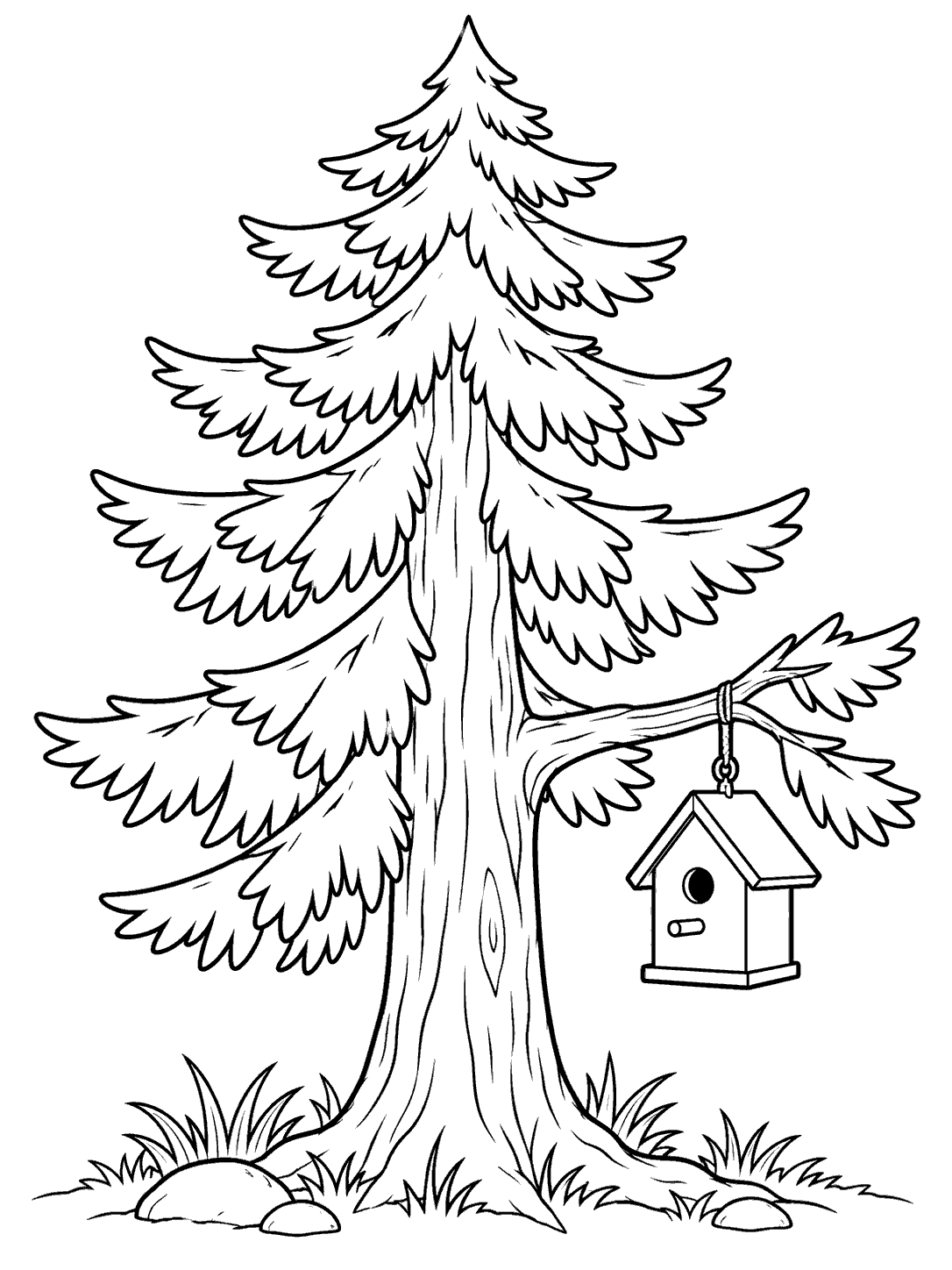 Printable coloring page of a pine tree with a small birdhouse hanging from a lower branch.