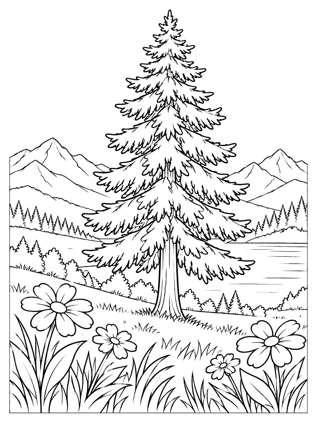 Printable black-and-white coloring page showing a tall pine among large meadow flowers, with distant mountains and smaller trees.