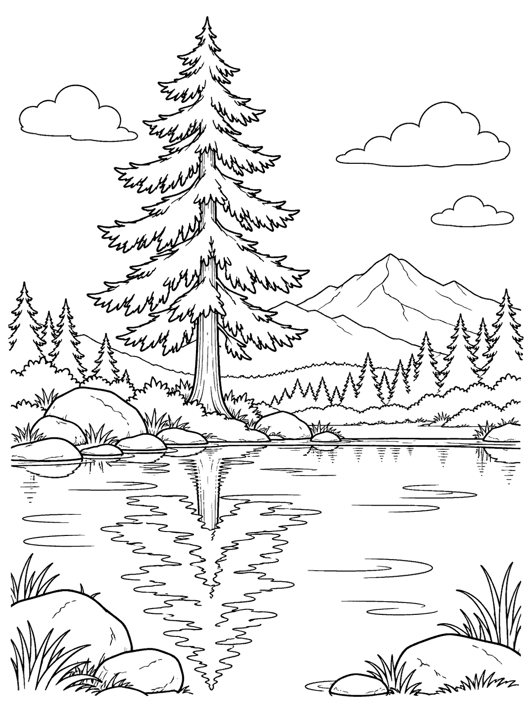 Black-and-white printable coloring page showing a tall pine reflected in a pond, with distant trees, mountains, rocks, and clouds.