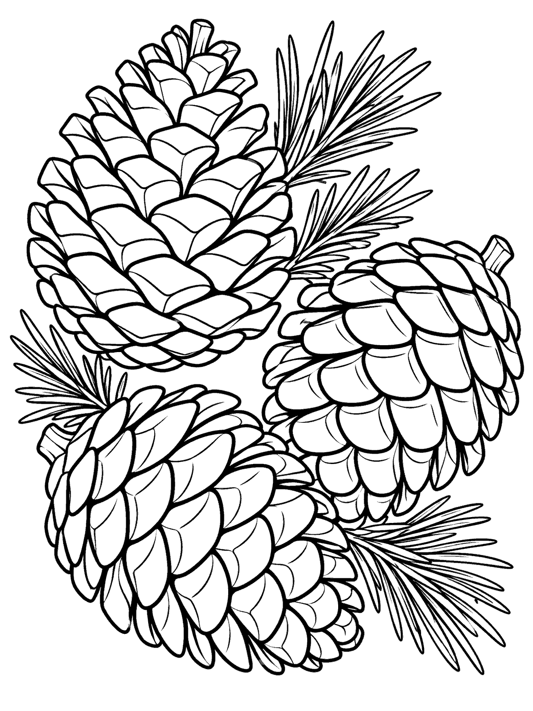 Printable black-and-white coloring page with three large pinecones, spacious scale patterns, and pine-needle sprigs.
