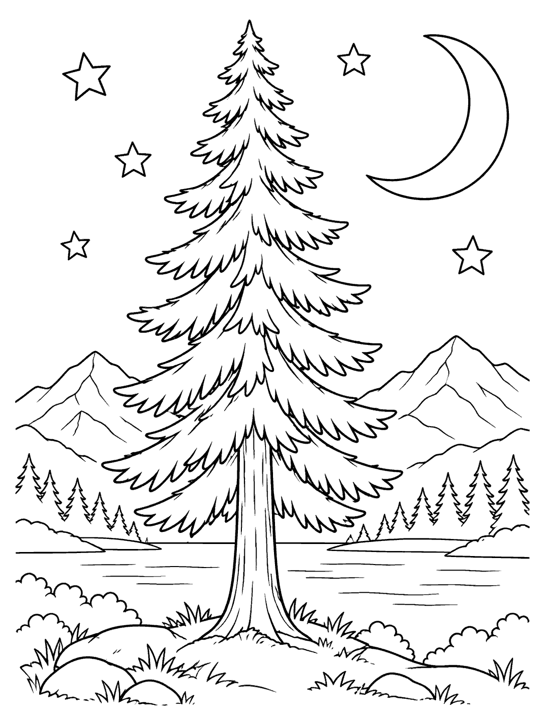 Portrait coloring page with a large outlined pine tree, crescent moon, four stars, mountains, distant pines, and a lakeside foreground.