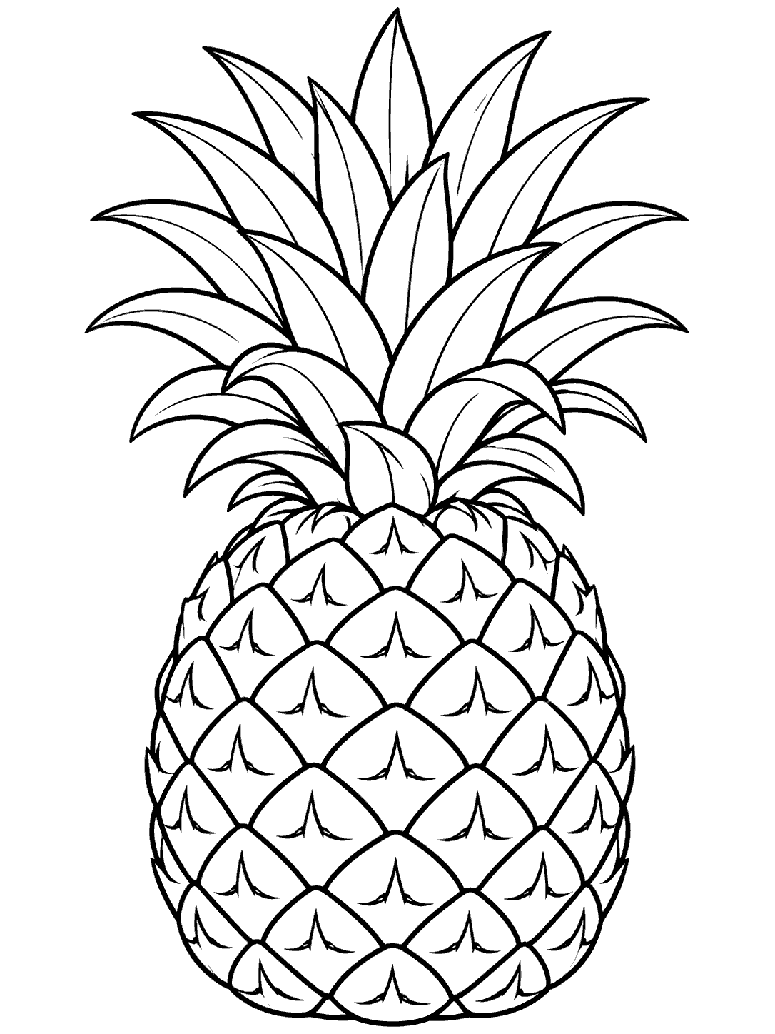 Upright pineapple with a broad leafy crown and diamond-patterned skin
