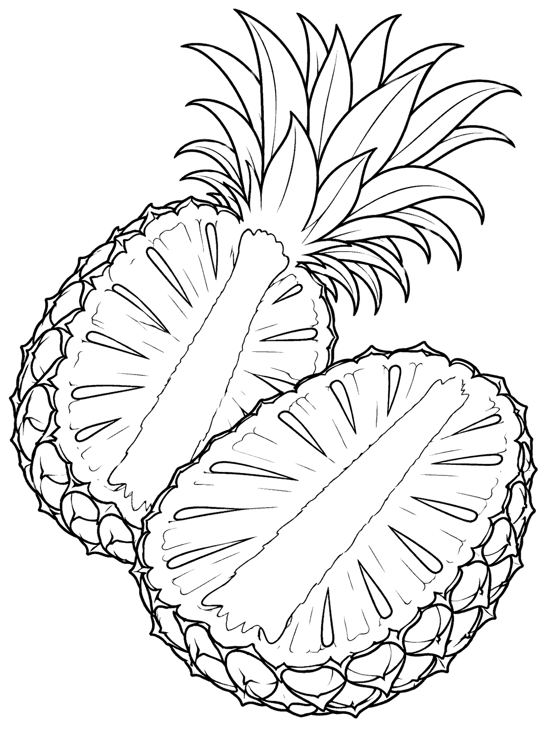 Black-and-white coloring page of two diagonal pineapple halves with prominent cut faces and a leafy crown