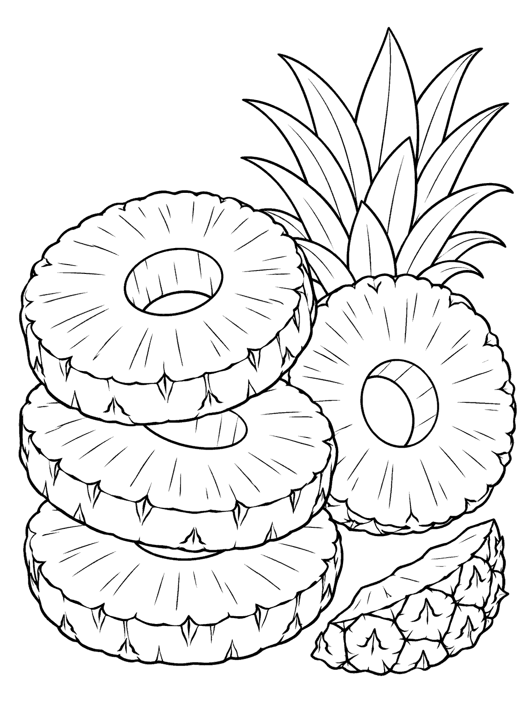Black line art of three stacked pineapple rings beside a circular slice, leafy crown, and rind piece.