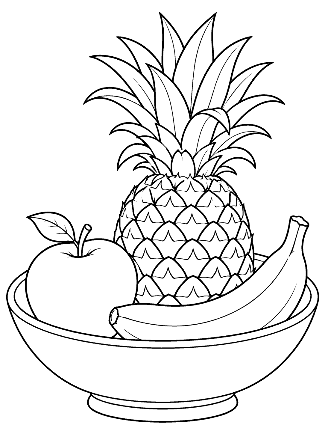 Black outline coloring page of a pineapple, apple, and banana arranged in a wide bowl.