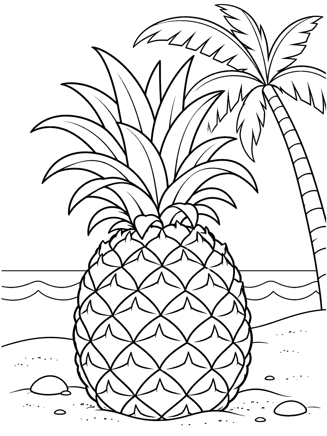 Large pineapple on a tropical beach with palm fronds, waves, and scattered shells.