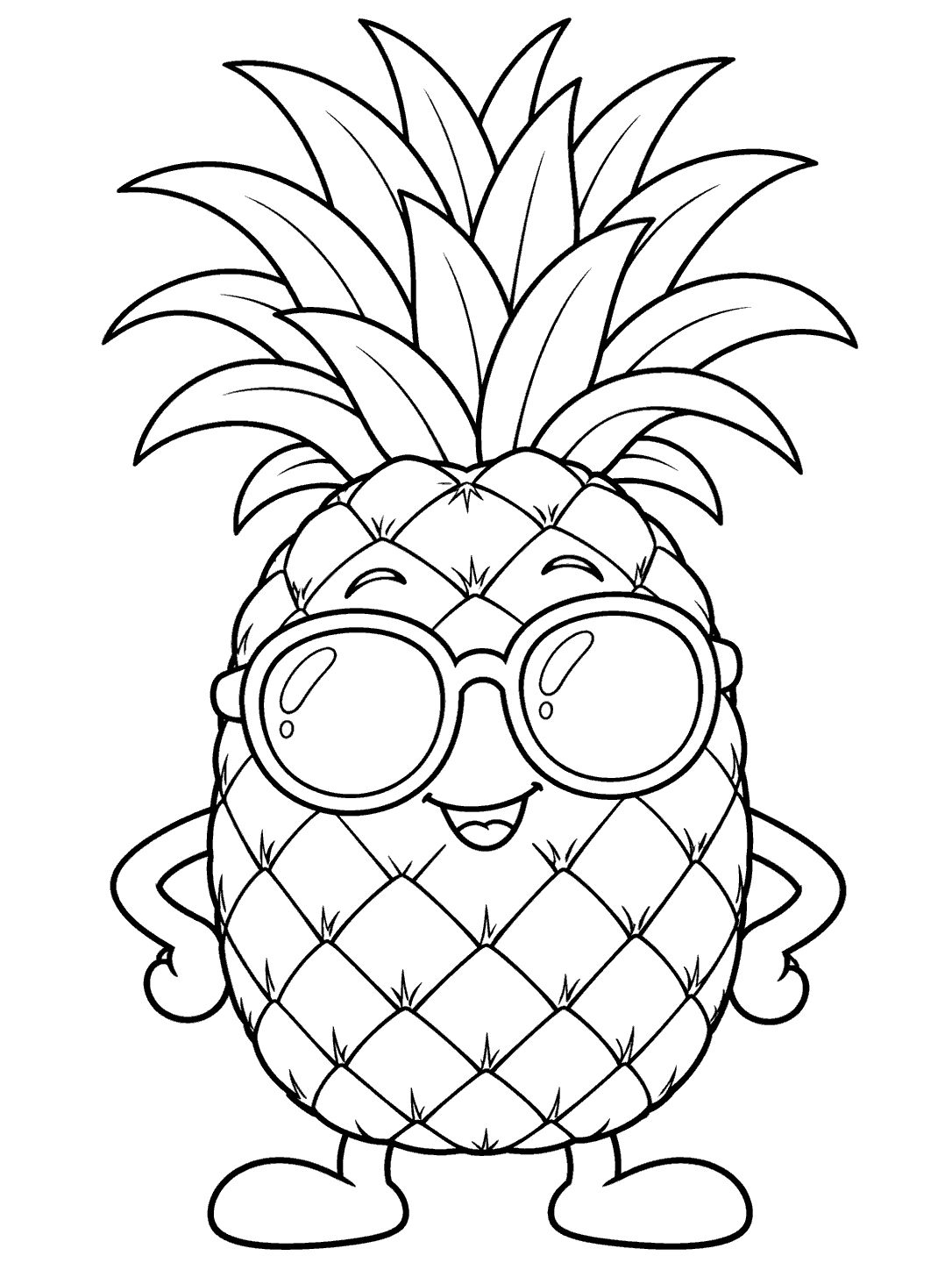 Friendly standing pineapple with a diamond-patterned body, broad leafy crown, oversized round sunglasses, and a smile