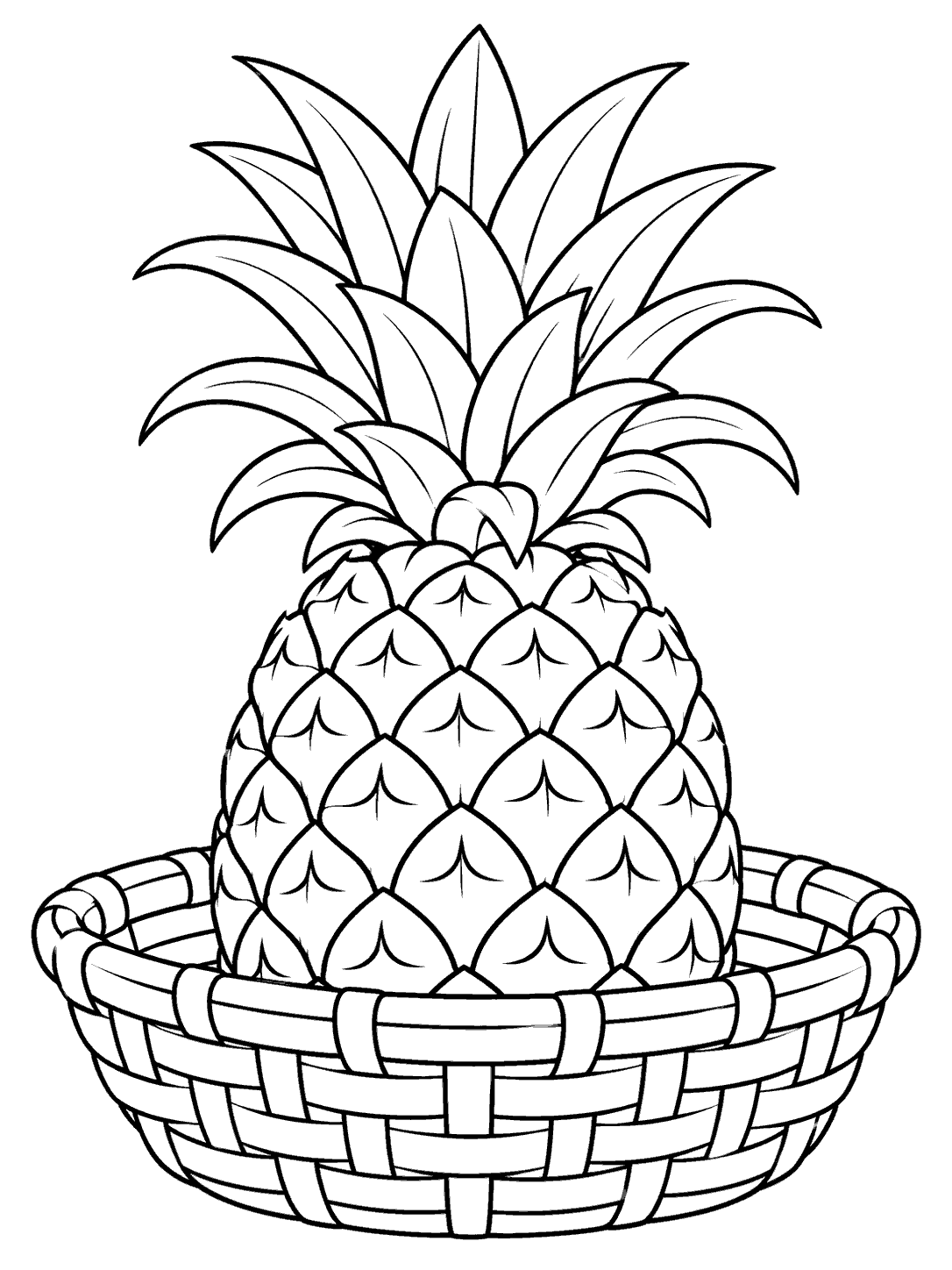 Upright pineapple with a leafy crown sitting in a woven basket